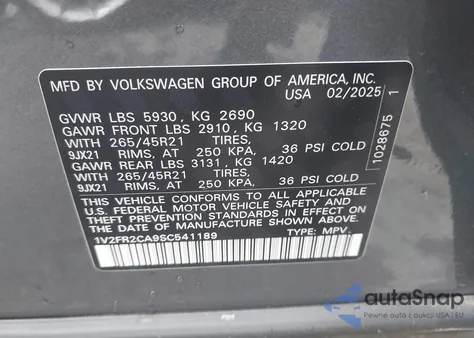 2025 Volkswagen Atlas 2.0T Sel Premium R-Line from USA, damaged, VIN 1V2FR2CA9SC541189